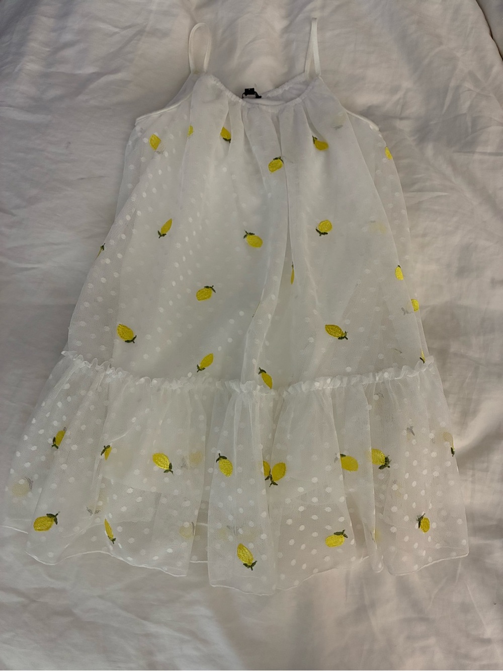 Nordstrom White Sheer Spaghetti-Strap Dress with Yellow Lemon Embroidery
